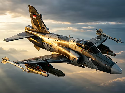 Military Fighter Jet Flying In Sky With Clouds And Armed Missiles At Sunset 3d model