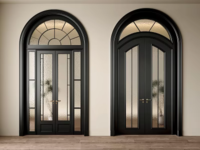 Black Double Doors With Arched Top Glass Panels And Metal Handles In Interior Setting 3d model