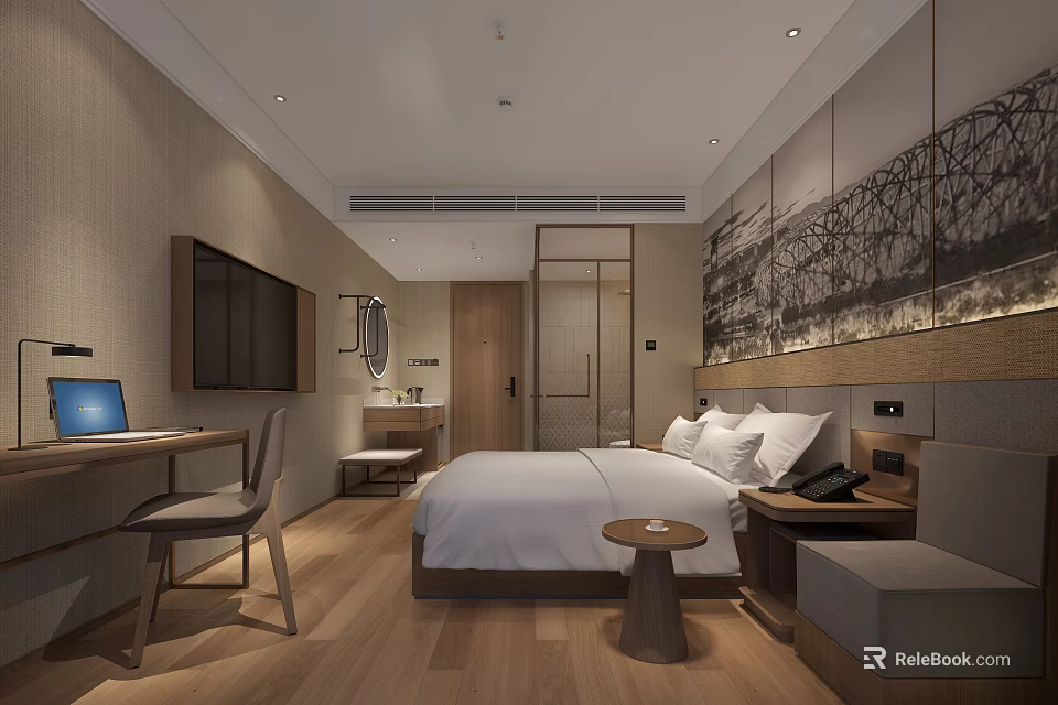 Hotel Guest Room Modern Interior With White Bed Wooden Floor Desk Wall Painting And Chair 3d model 