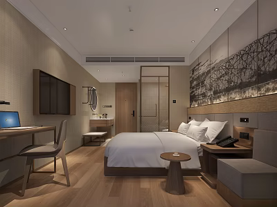 Hotel Guest Room Modern Interior With White Bed Wooden Floor Desk Wall Painting And Chair 3d model