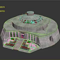 Cartoon Scene Featuring Circular Building With Dome Pools Green Plants Red Door And Steps