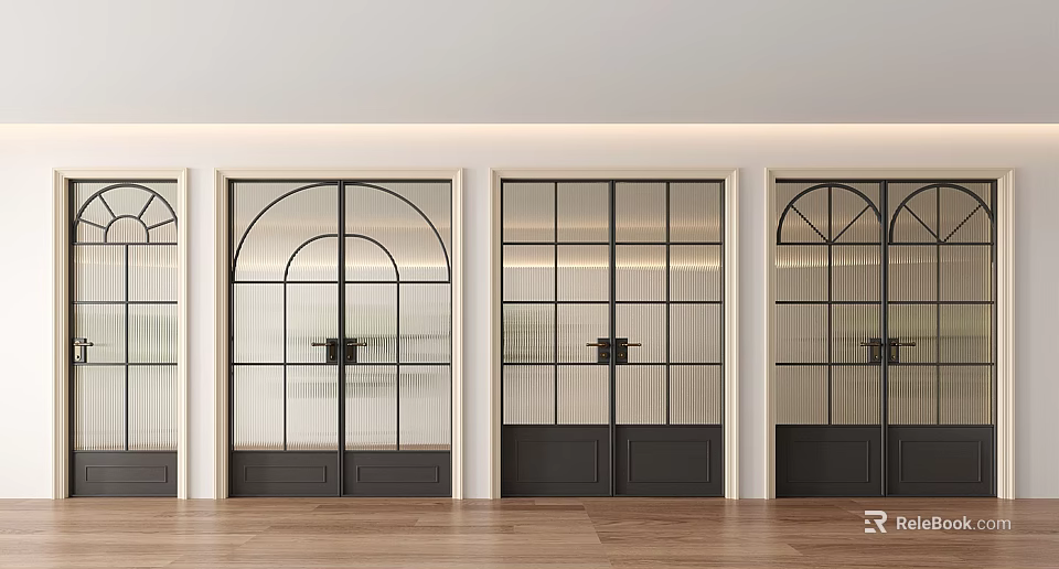 Modern Glass Double Doors With Black Frames And White Walls Wooden Floor 3d model 
