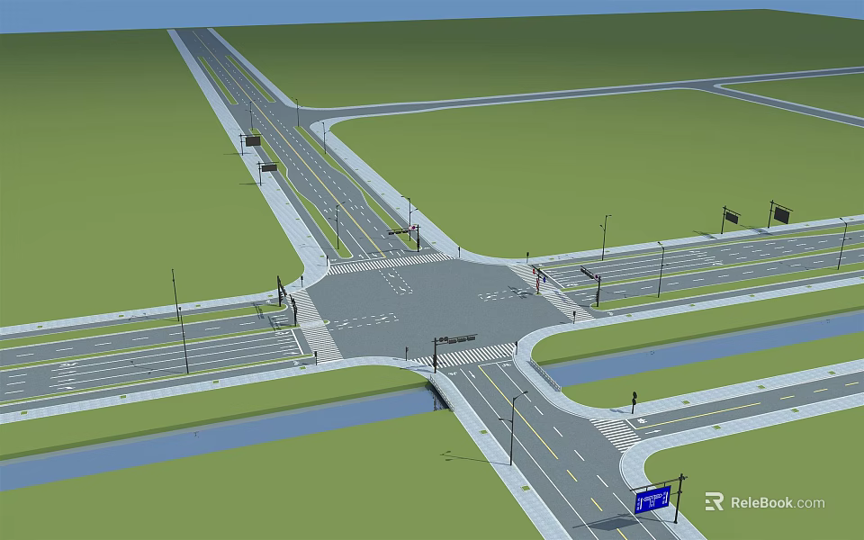 Modern Road Infrastructure at Urban Intersection with Traffic Lights Street Lamps and Lane Markings 3d model 