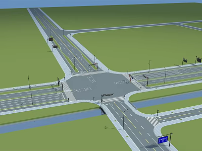 Modern Road Infrastructure at Urban Intersection with Traffic Lights Street Lamps and Lane Markings 3d model