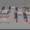 Red Brick School Buildings With Blue Roofs And Interconnected Architectural Layout Design 3d model