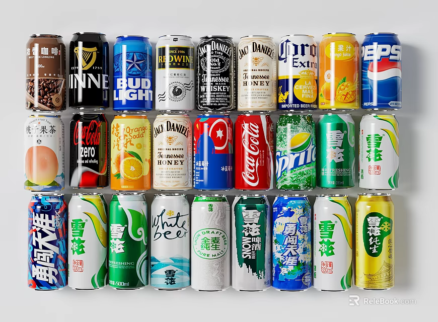 Various Canned Drinks Display With Different Brands Flavors And Colors 3d model 