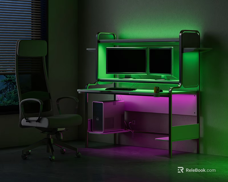 Modern Gaming Desk With Dual Monitors Green And Purple Lighting And Office Chair 3d model 