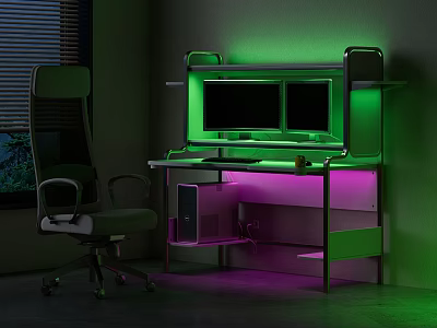 Modern Gaming Desk With Dual Monitors Green And Purple Lighting And Office Chair 3d model