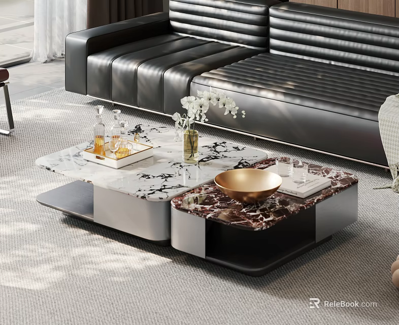 Elegant Modern Coffee Table With Marble Top Golden Bowl Vase Tray And Black Leather Sofa 3d model 