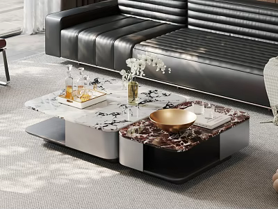 Elegant Modern Coffee Table With Marble Top Golden Bowl Vase Tray And Black Leather Sofa 3d model