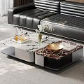 Elegant Modern Coffee Table With Marble Top Golden Bowl Vase Tray And Black Leather Sofa