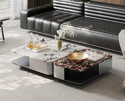 Elegant Modern Coffee Table With Marble Top Golden Bowl Vase Tray And Black Leather Sofa 3d model