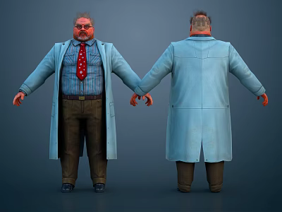 3D Character Model Wearing Blue Coat Red Tie Brown Pants Front Back View 3d model