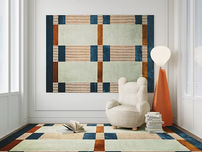 Square Area Rug In Living Room With Armchair And Floor Lamp 3d model
