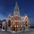 Historic Gothic Building With Spire Stone Brick Structure And Illuminated Arched Windows At Night