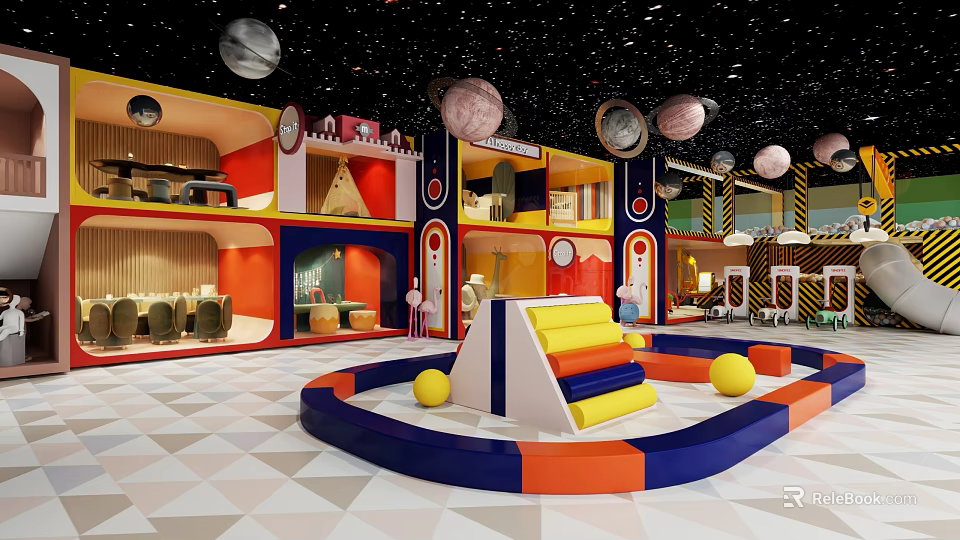 Space Themed Children's Play Area With Colorful Slide Ball Pit Planet Decorations And Geometric Floor 3d model 
