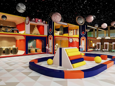 Space Themed Children's Play Area With Colorful Slide Ball Pit Planet Decorations And Geometric Floor 3d model
