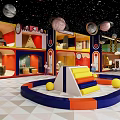 Space Themed Children's Play Area With Colorful Slide Ball Pit Planet Decorations And Geometric Floor