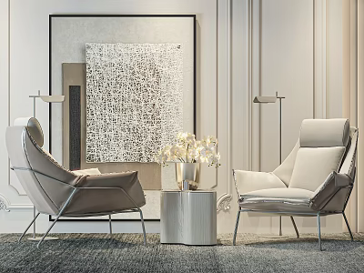 Modern Comfortable Accent Chairs with Side Table and Wall Art in Living Room 3d model