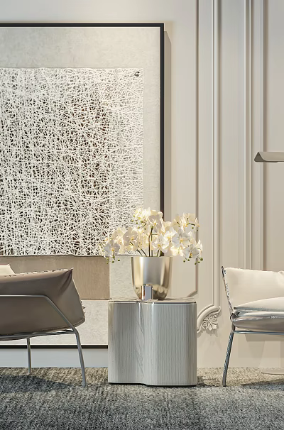 Modern Comfortable Accent Chairs with Side Table and Wall Art in Living Room 3d model