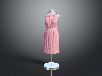 Man Modeling Pink Polka Dot Halter Dress on White Mannequin Stand 3d model