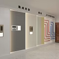 Modern Exhibition Area Interior With White Display Platform Devices TV Screen And Gold White Chandeliers