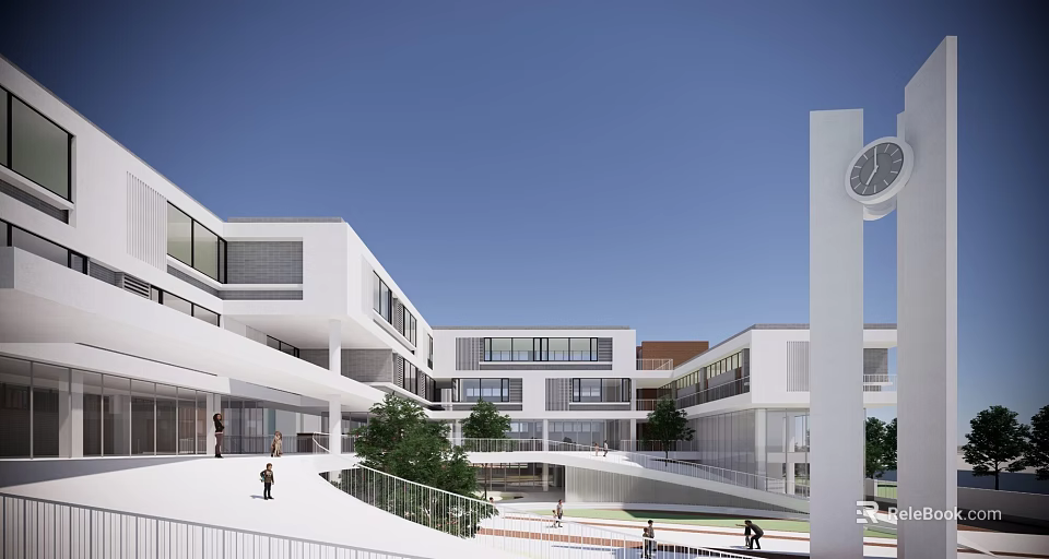 Modern School Building With White Exterior Clock Tower Courtyard Green Plants And Students 3d model 