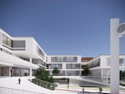 Modern School Building With White Exterior Clock Tower Courtyard Green Plants And Students 3d model