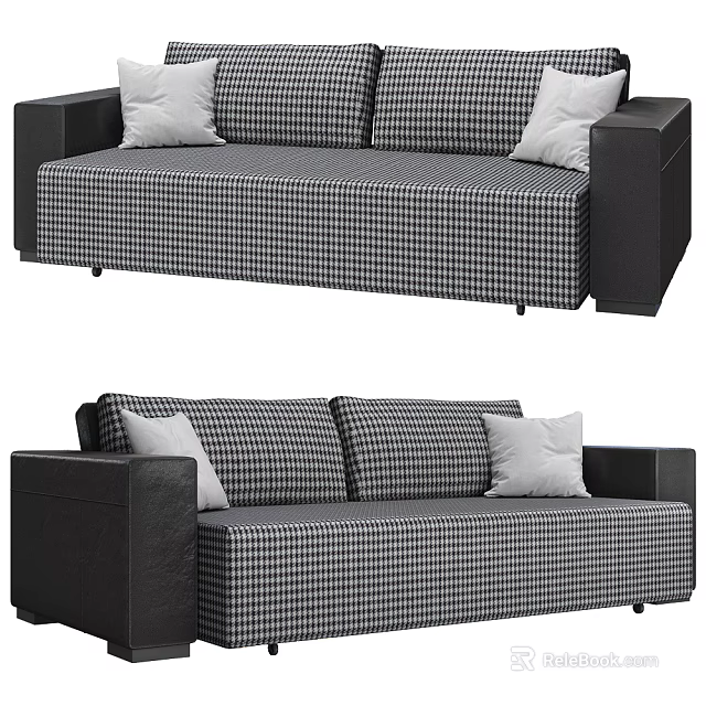 Large Checkered Pattern Sofa With White Cushions And Black Armrests Design 3d model