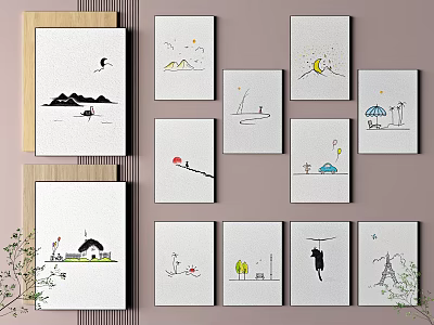 Minimalist Line Art Cards With Mountain Moon Boat Sun Cloud Cat And Eiffel Tower Designs 3d model