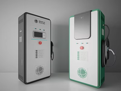 Black And Green EV Charging Stations With Modern Design Display Screens And Cables 3d model