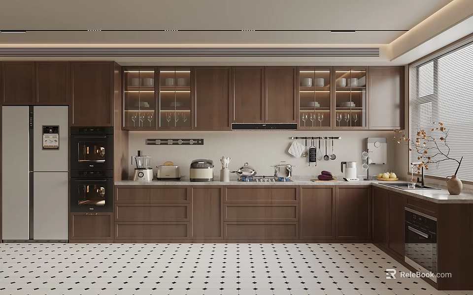 Open Modern Kitchen Interior With Brown Cabinets Glass Door Cabinets And White Countertops 3d model 