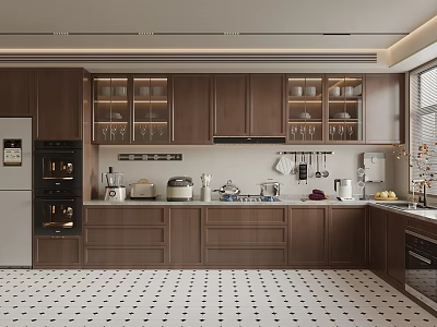 Open Modern Kitchen Interior With Brown Cabinets Glass Door Cabinets And White Countertops 3d model