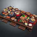 Assorted Delicious Food Dishes On Wooden Serving Platter With Bowls Skewers And Seafood