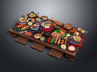 Assorted Delicious Food Dishes On Wooden Serving Platter With Bowls Skewers And Seafood 3d model