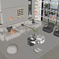 Modern Beige L Shaped Sofa And Marble Top Round Coffee Table Set With Black Chairs