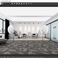 Modern Public Office Space with White Spherical Lamps Gray Geometric Carpet and Mountain Backdrop