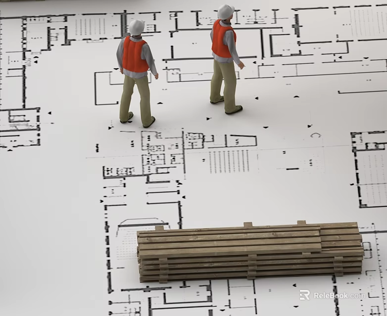 Construction Plans With Worker Figures And Wooden Pallet On Architectural Layout 3d model