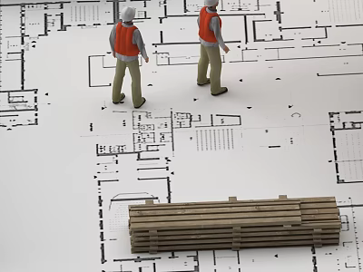 Construction Plans With Worker Figures And Wooden Pallet On Architectural Layout 3d model