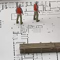 Construction Plans With Worker Figures And Wooden Pallet On Architectural Layout 3d model