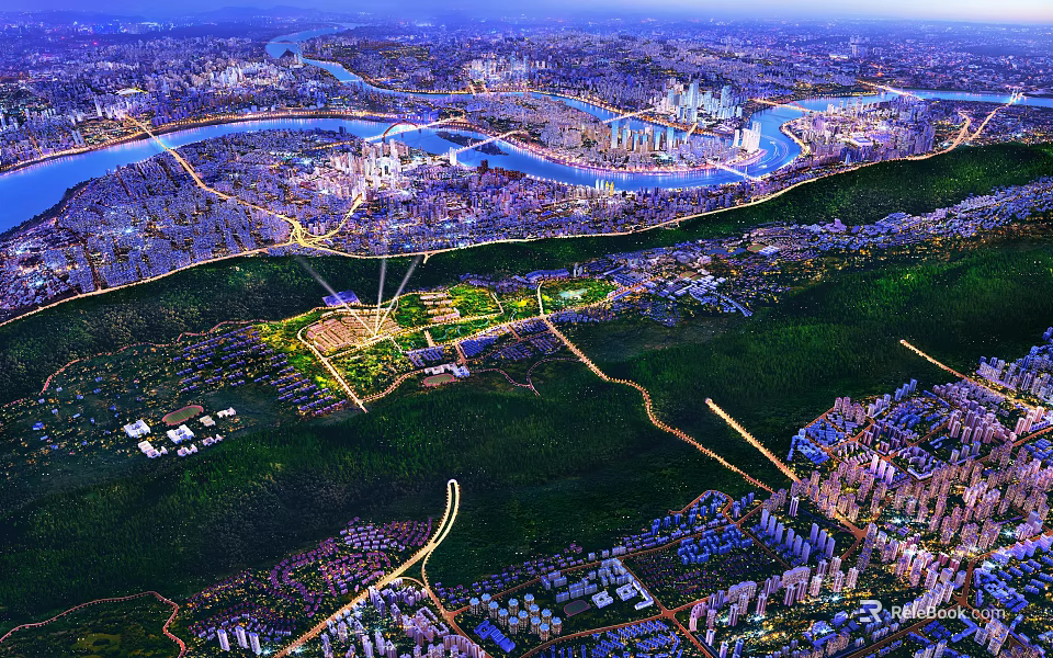 Aerial View of Urban Architecture Complex Along River With Green Spaces And City Roads 3d model 