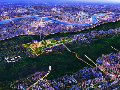 Aerial View of Urban Architecture Complex Along River With Green Spaces And City Roads 3d model