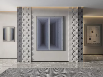 Modern Interior Wall Design With Central Decorative Painting Geometric Columns And Marble Floor 3d model