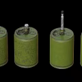Four Green Cylindrical Military Weapons With Numbered Markings And Metal Caps