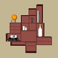Red Modular Wall Cabinets with Compartments Drawers on Beige Wall Decorative Vases Books and Lamp
