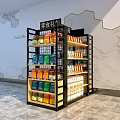 Retail Display Shelves with Colorful Packaged Food Beverages Multi tier Metal Frame Wooden Shelves