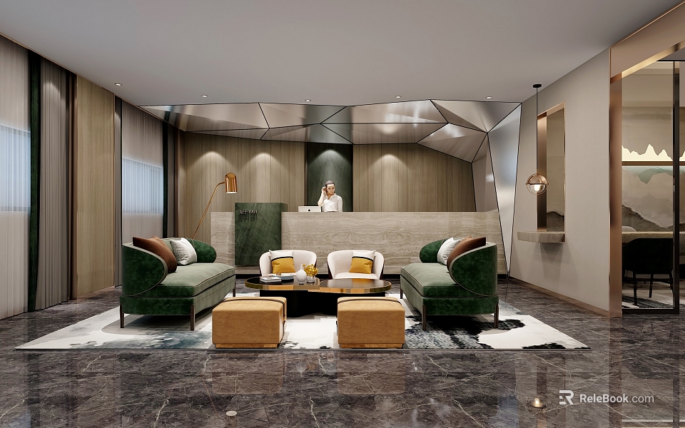 Modern Elegant Hotel Lobby With Front Desk Green Sofas Wooden Decor And Marble Floor 3d model 