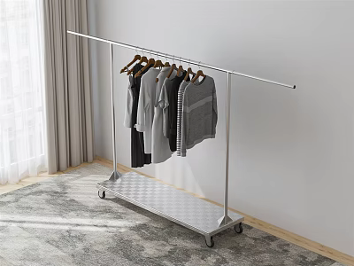 Metal Rolling Clothes Rack With Shelf And Hanging Clothes In Room 3d model