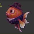 Orange Goldfish Wearing Brown Hat And Blue Suit With White Collar