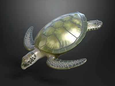 Realistic Detailed Sea Turtle With Green Textured Shell And Patterned Fins 3d model